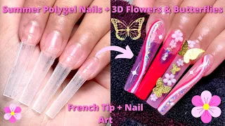 SUMMER POLYGEL NAILS FRENCH TIP NAIL ART + 3D FLOWERS & BUTTERFLIES | NAIL TUTORIAL