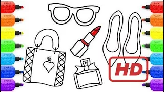 How to Draw Set of Female Accessories | Coloring Pages For Girls Shoes, Handbag, Perfume, Lipstick