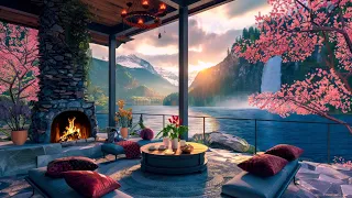 Smooth Jazz Piano Music with Forest Birdsong & Relaxing Fireplace Sounds on a Cozy Lakeside Terrace