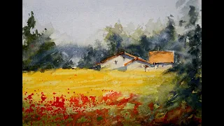 You'll see a simple wheat field landscape with watercolor technic for beginners