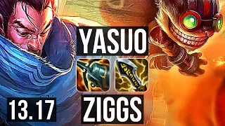 YASUO vs ZIGGS (MID) | 4/0/6, 2.5M mastery, 900+ games | NA Master | 13.17