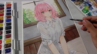 coloring using gouache !! drawing anime girl with pink hair || drawing anime fanart || AI art anime