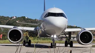 SAS A320 NEO - landing, taxiing and takeoff from Skiathos - various angles. Watch to the end!