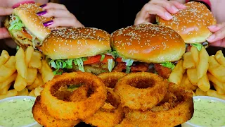 ASMR EATING GIANT CRUNCHY ONION RINGS, CHEESEBURGERS & FRIES! *BIG BITES* RANCH +HONEY MUSTARD 먹방