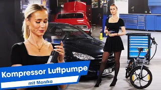 Mit der handlichen Kompressor Luftpumpe hat Monika in der Zukunft keinen platten Reifen mehr