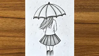 Girl with umbrella drawing step by step || Cute girl drawing || Beautiful girl drawing for beginners
