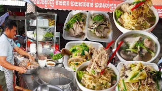 Most popular noodle soup in Ta Khmao by generous chef, Cambodian street food