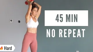 45 MIN HIIT WORKOUT WITH WEIGHTS/ FUN! No Repeat Workout / Fat Burning Cardio and Strength -