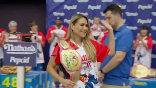 Competitors in the famous Nathan's Hot Dog Eating Competition weigh in