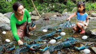 Mother with daughter found catch lobster and pick duck eggs for food of survival in forest