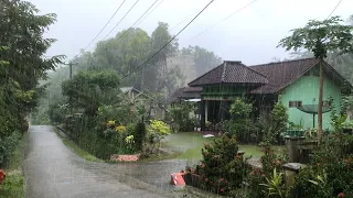 Beautiful Evening Street View with Heavy Rain in Rural Indonesia | Beat Insomnia with Heavy Rain
