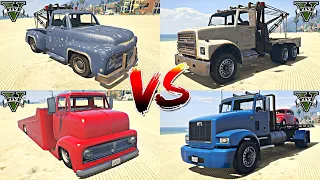 GTA 5 - Tow Car vs Tow Truck vs Slam Truck vs Flatbed Trailer Van - Suspension Test - WHICH IS BEST?