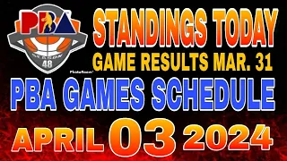 PBA Standings today as of March 03, 2024 | PBA Game results | Pba schedule April 03, 2024