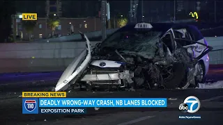 Car going wrong-way crashes head-on with taxi on 110 Frwy