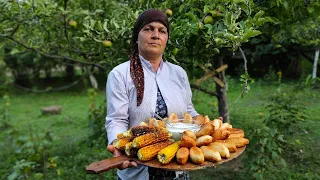 Azerbaijani Pies with Cabbage Cooking on the Fire on Sadj