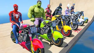 Racing Super Motos with Spiderman and Super Heroes - Floating Ramp in The Sky - GTA 5