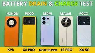 (5G) Honor X9b vs POCO X6 Pro vs Realme 12 Pro vs Note 13 Pro vs POCO X6: Battery Drain & Charge🔋