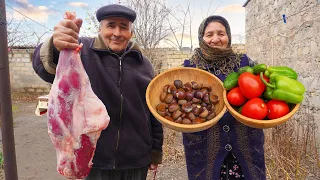 AZERBAIJAN: The Best Recipe of LAMB LEG with Mushrooms and Chestnuts on the Sadj, Village Life