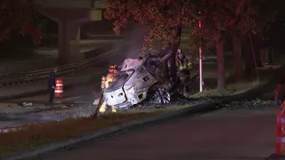 Raw video: Woman dies after BMW split in half, burst into flames in crash on Memorial Drive, Houston