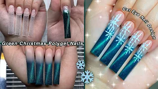 GREEN CHRISTMAS POLYGEL NAILS! HOW TO OMBRE + CAT EYE NAIL DESIGN | Nail Tutorial