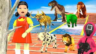 Lion, Cow Cartoon, Tiger Bull, Elephant, T-rex, Woolly Mammoth Vs Squid Game Glass Bridge Scene