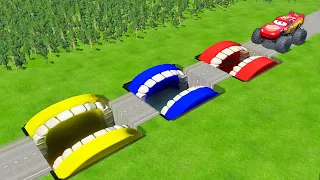 Giant Pit With COLORED Mouths VS HUGE & TINY PIXAR CARS! BeamNG Drive Battle!