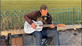 True Blues at Hove promenade! Musician Nick Giles playing his guitar & harmonica. Brighton busking.