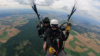 Mit dem Tandemgleitschirm von einem kleinen Hügel Richtung Basis bis 1700 Meter