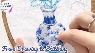 From Drawing to Embroidery 🌸 Needle Painting Timelapse  Vase with Lotus 🪷