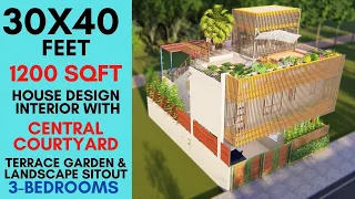 30X40 feet, 1200 sqft House Design with Landscape Courtyard & Terrace Garden | ID-060