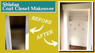 DIY Shiplap Coat Closet Makeover | Floating Bench | Storage Shelves | Coat Hooks