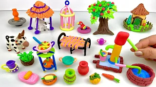 DIY How to make polymer clay miniature house, kitchen set, Hand Pump, cow shed, tree | Dolliyon