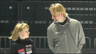 Father and son. Alexander Plushenko practices triple jumps