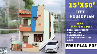 15x50 Feet | 84 Gaj | 3BHK House Plan 3D | 750 sqft | 15 by 50 ka Naksha | CIVILSETS