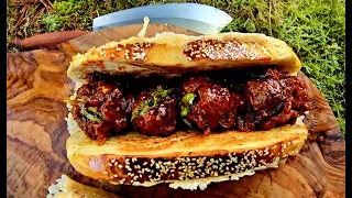 Big Beef Balls Sandwich prepared and cooked in the forest (ASMR, CAMPFIRE, CAMPING)