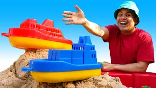 A ilha de areia para os navios de brinquedo! Brincadeira infantil no meu tanque de areia