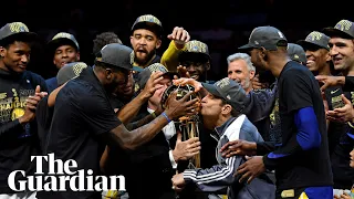 Klay Thompson googles himself as Golden State Warriors celebrate NBA title