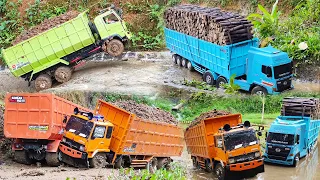 SETENGAH MATI Dump Truk Trailer Hino 500 Truk TRINTON Bermuatan Tanah SUSAH NANJAK Truk Laka Lantas