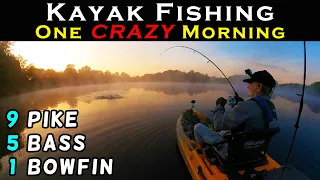 Kayak Fishing - 9 Pike, 5 Bass, 1 Bowfin, 1 CRAZY Morning | End of May 2024