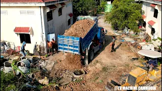 Interesting Full Action New Project Filling Land Using MITSUBISHI Dozer Pushing & Truck Unloading