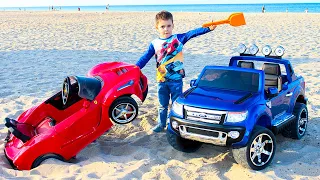 Funny Tema Ride on Power Wheels cars and Play with toy Tractor Stuck in the sand Video for kids