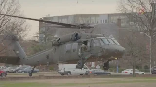 Blackhawk Helicopter landing on Chapel Field for ROTC Career Day