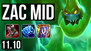 ZAC vs ZED (MID) | Rank 2 Zac, 5/0/6, 1000+ games, 1.1M mastery | BR Challenger | v11.10