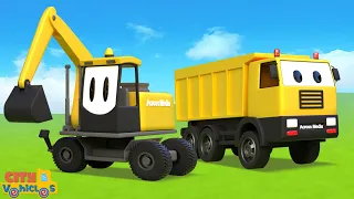 Construction Vehicles build street lamp and rescue police car. Bulldozer and Excavator for Kid