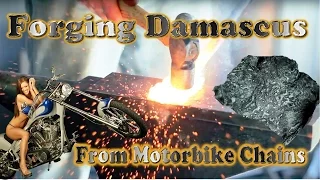 Forging Motorbike Chain Damascus! With etched outcome! 4K UHD  (((FORGE)))