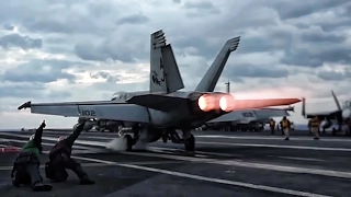 Aircraft Carrier F/A-18 Super Hornets Takeoff
