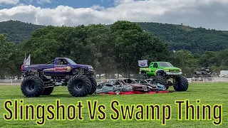 Truck Fest 2023 Monster Truck Jump Competition Swamp Thing VS Slingshot Big Jumps Lots Of V8 Sounds