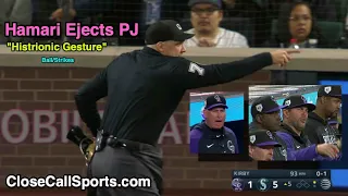 E16 - Umpire Adam Hamari Ejects Rockies Assistant Hitting Coach PJ Pilittere for Histrionic Gesture