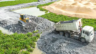 Fantastic Work 100% Completed Crossing Water on New Road Moving Rock with the Huge Bulldozer SHANTUI