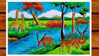 Forest Scenery Drawing Step By Step | Wildlife Drawing Easy | Forest Scenery Drawing With Animals